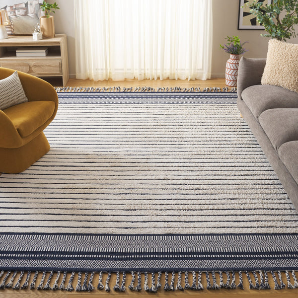 Safavieh Kilim Hand-woven Cotton Runner Rug – Bohemian Style In Ivory And Black For Artistic Home Decor Navy ,Natural Cotton Pile Klc401n-8