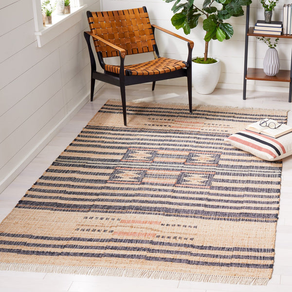 Safavieh Kilim Handcrafted Jute-Cotton Flatweave Rug In Ivory & Grey — Low-Profile Boho-Geometric Texture, Durable Organic Craftsmanship 6'-0" x 8'-0" KLM709A-68