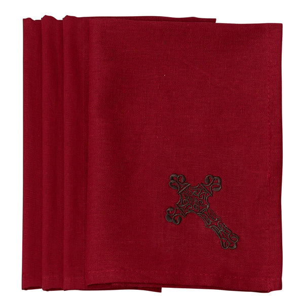 Hiend Accents Cross Napkin Set - Exquisite Chocolate Cross Embroidered Napkins For Elegant Dining Experiences Red 55% Cotton,45% Linen Kn3182-os-rd