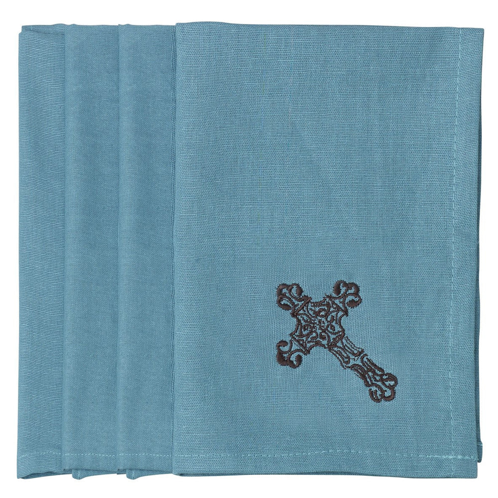 Hiend Accents Cross Napkin Set - Exquisite Chocolate Embroidered Design For Elegant Dining And Sophisticated Decor Turquoise 55% Cotton,45% Linen Kn3182-os-tq
