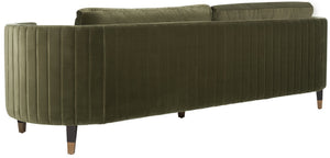 Safavieh WINFORD Velvet Sofa - Luxurious Mid-Century Modern Design with Brass Accents for Elegant Living Spaces Olive / Black KNT7045A