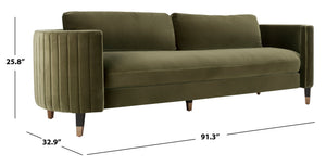 Safavieh WINFORD Velvet Sofa - Luxurious Mid-Century Modern Design with Brass Accents for Elegant Living Spaces Olive / Black KNT7045A
