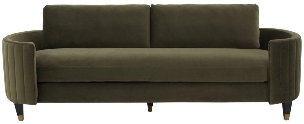 Safavieh WINFORD Velvet Sofa - Luxurious Mid-Century Modern Design with Brass Accents for Elegant Living Spaces Olive / Black KNT7045A