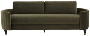 Safavieh WINFORD Velvet Sofa - Luxurious Mid-Century Modern Design with Brass Accents for Elegant Living Spaces Olive / Black KNT7045A