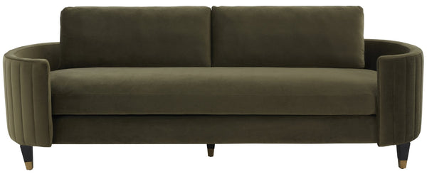 Safavieh WINFORD Velvet Sofa - Luxurious Mid-Century Modern Design with Brass Accents for Elegant Living Spaces Olive / Black KNT7045A