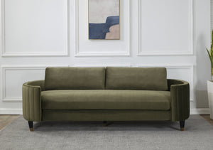 Safavieh WINFORD Velvet Sofa - Luxurious Mid-Century Modern Design with Brass Accents for Elegant Living Spaces Olive / Black KNT7045A