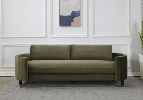 Safavieh WINFORD Velvet Sofa - Luxurious Mid-Century Modern Design with Brass Accents for Elegant Living Spaces Olive / Black KNT7045A