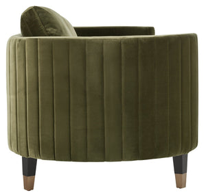 Safavieh WINFORD Velvet Sofa - Luxurious Mid-Century Modern Design with Brass Accents for Elegant Living Spaces Olive / Black KNT7045A