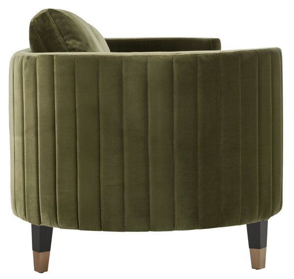 Safavieh WINFORD Velvet Sofa - Luxurious Mid-Century Modern Design with Brass Accents for Elegant Living Spaces Olive / Black KNT7045A
