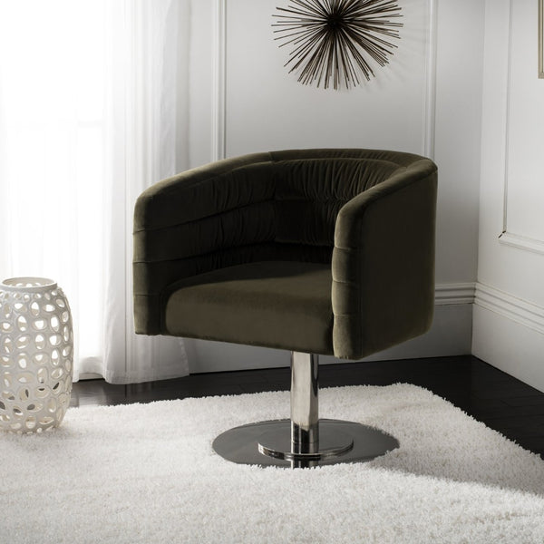 Safavieh MARIE Velvet Swivel Tub Chair in Olive – Elegant Accent with Steel Legs for Modern Living Spaces KNT7059C