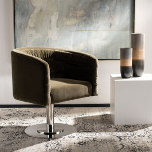 Safavieh MARIE Velvet Swivel Tub Chair in Olive – Elegant Accent with Steel Legs for Modern Living Spaces KNT7059C