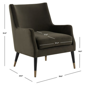 Safavieh SICILY Velvet Armchair in Shale – Retro 1970s Italian Glam with Antique Brass Legs for Luxe Living Spaces KNT7060A