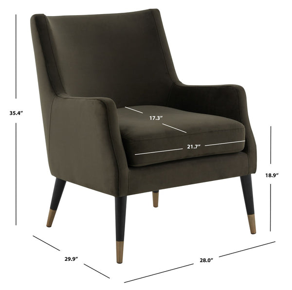 Safavieh SICILY Velvet Armchair in Shale – Retro 1970s Italian Glam with Antique Brass Legs for Luxe Living Spaces KNT7060A