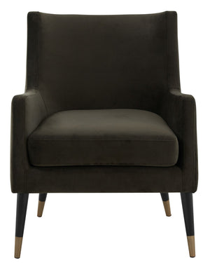 Safavieh SICILY Velvet Armchair in Shale – Retro 1970s Italian Glam with Antique Brass Legs for Luxe Living Spaces KNT7060A