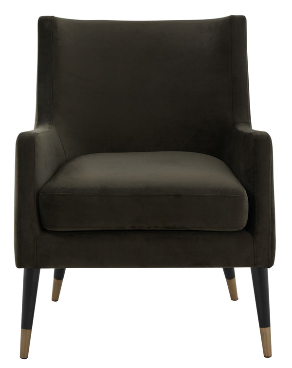 Safavieh SICILY Velvet Armchair in Shale – Retro 1970s Italian Glam with Antique Brass Legs for Luxe Living Spaces KNT7060A