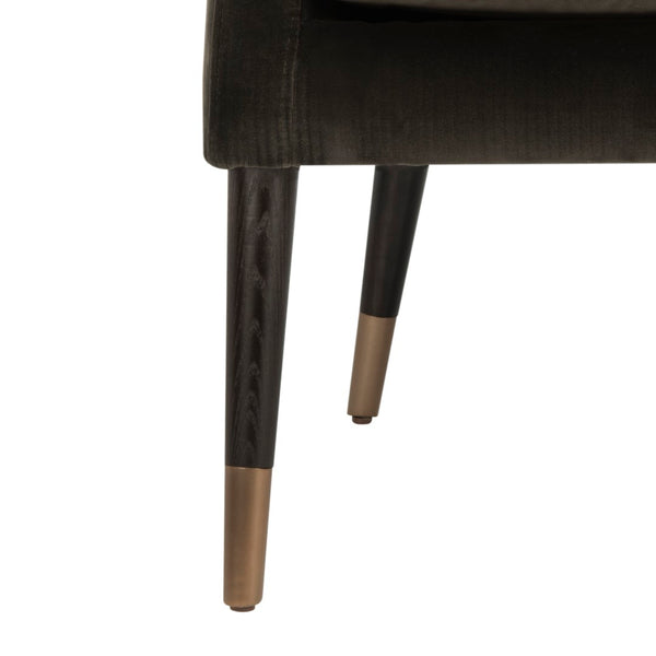Safavieh SICILY Velvet Armchair in Shale – Retro 1970s Italian Glam with Antique Brass Legs for Luxe Living Spaces KNT7060A
