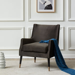 Safavieh SICILY Velvet Armchair in Shale – Retro 1970s Italian Glam with Antique Brass Legs for Luxe Living Spaces KNT7060A