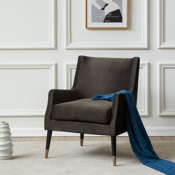 Safavieh SICILY Velvet Armchair in Shale – Retro 1970s Italian Glam with Antique Brass Legs for Luxe Living Spaces KNT7060A
