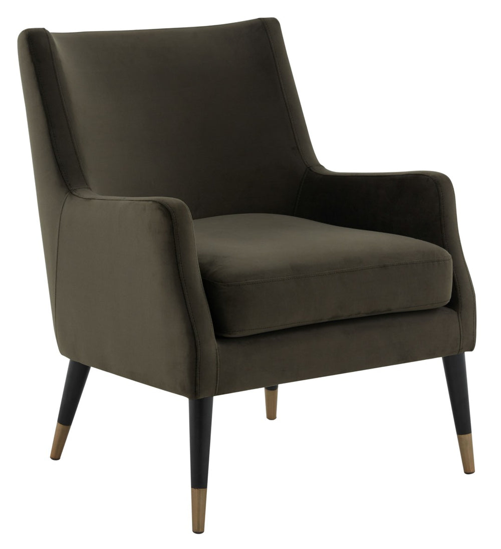 Safavieh SICILY Velvet Armchair in Shale – Retro 1970s Italian Glam with Antique Brass Legs for Luxe Living Spaces KNT7060A