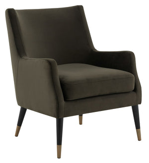 Safavieh SICILY Velvet Armchair in Shale – Retro 1970s Italian Glam with Antique Brass Legs for Luxe Living Spaces KNT7060A