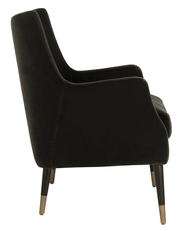 Safavieh SICILY Velvet Armchair in Shale – Retro 1970s Italian Glam with Antique Brass Legs for Luxe Living Spaces KNT7060A