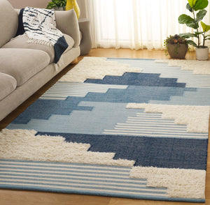 Safavieh Kenya Hand-woven Geometric Area Rug – Luxurious Blue And Ivory Design For Elegant Home Décor Blue ,Ivory 80% Wool,20% Cotton Kny278m-4