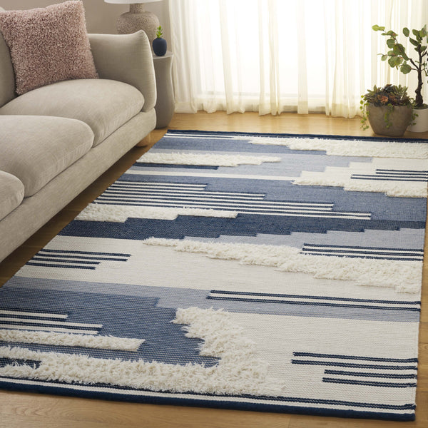 Safavieh Kenya Handwoven Runner Rug - Luxurious Geometric Design For Hallways & Modern Spaces, Crafted In India Blue ,Ivory 80% Wool,20% Cotton Kny280m-5