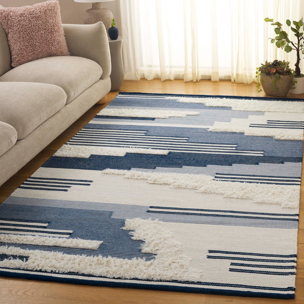 Safavieh Kenya Handwoven Area Rug – Artisan Crafted Luxury For Your Home With Timeless Geometric Elegance Blue ,Ivory 80% Wool,20% Cotton Kny280m-9