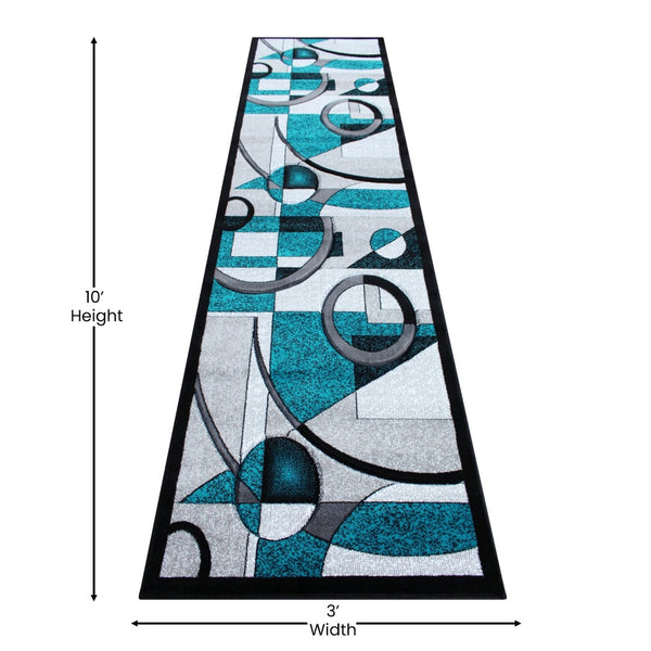 English Elm Elias 3' x 10' Turquoise Geometric Abstract Area Rug – Soft Olefin, Jute Backing, Ideal for High Traffic KP-RG950-310-TQ-GG