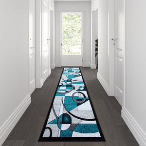 English Elm Elias 3' x 10' Turquoise Geometric Abstract Area Rug – Soft Olefin, Jute Backing, Ideal for High Traffic KP-RG950-310-TQ-GG