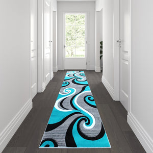 English Elm Athos Collection Abstract Area Rug - Contemporary Olefin Design with Jute Backing for Home Elegance Turquoise 3' x 10' KP-RG952-310-TQ-GG