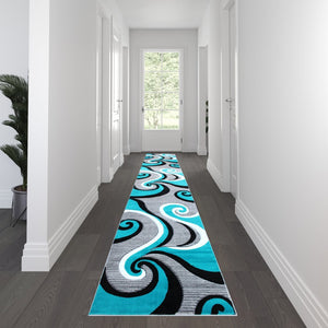 English Elm Athos Collection Abstract Area Rug - Contemporary Olefin Design with Jute Backing for Home Elegance Turquoise 3' x 16' KP-RG952-316-TQ-GG