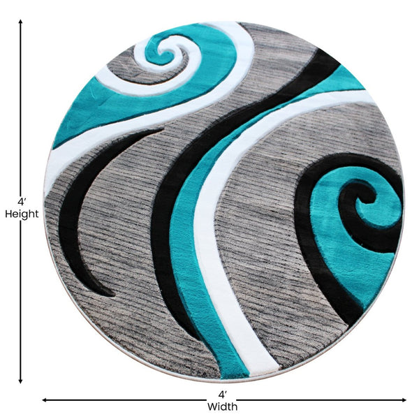 English Elm Athos Collection Abstract Area Rug - Contemporary Olefin Design with Jute Backing for Home Elegance Turquoise 4' Round KP-RG952-44-TQ-GG