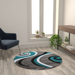 English Elm Athos Collection Abstract Area Rug - Contemporary Olefin Design with Jute Backing for Home Elegance Turquoise 4' Round KP-RG952-44-TQ-GG