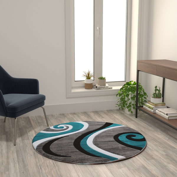 English Elm Athos Collection Abstract Area Rug - Contemporary Olefin Design with Jute Backing for Home Elegance Turquoise 4' Round KP-RG952-44-TQ-GG