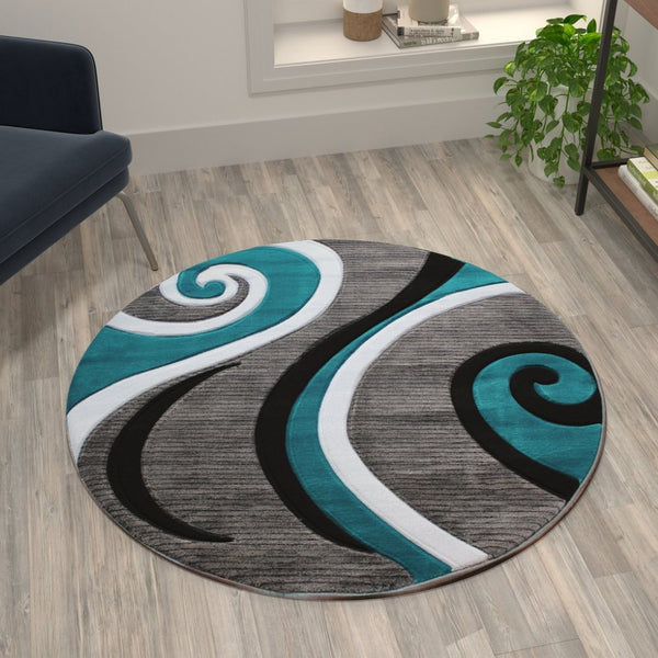 English Elm Athos Collection Abstract Area Rug - Contemporary Olefin Design with Jute Backing for Home Elegance Turquoise 4' Round KP-RG952-44-TQ-GG