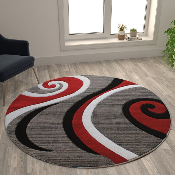 English Elm Athos Collection Abstract Area Rug - Contemporary Olefin Design with Jute Backing for Home Elegance Red 5' Round KP-RG952-55-RD-GG
