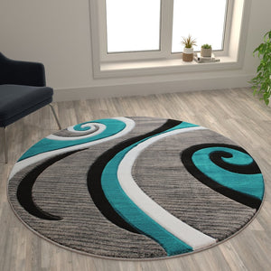 English Elm Athos Collection Abstract Area Rug - Contemporary Olefin Design with Jute Backing for Home Elegance Turquoise 5' Round KP-RG952-55-TQ-GG