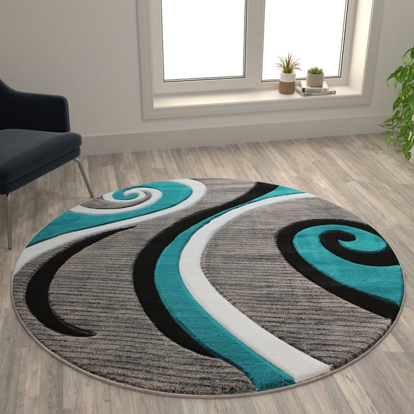 English Elm Athos Collection Abstract Area Rug - Contemporary Olefin Design with Jute Backing for Home Elegance Turquoise 5' Round KP-RG952-55-TQ-GG
