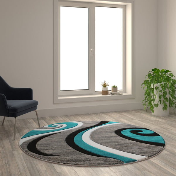 English Elm Athos Collection Abstract Area Rug - Contemporary Olefin Design with Jute Backing for Home Elegance Turquoise 5' Round KP-RG952-55-TQ-GG