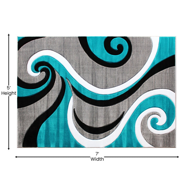 English Elm Athos Collection Abstract Area Rug - Contemporary Olefin Design with Jute Backing for Home Elegance Turquoise 5' x 7' KP-RG952-57-TQ-GG