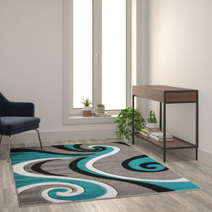 English Elm Athos Collection Abstract Area Rug - Contemporary Olefin Design with Jute Backing for Home Elegance Turquoise 5' x 7' KP-RG952-57-TQ-GG