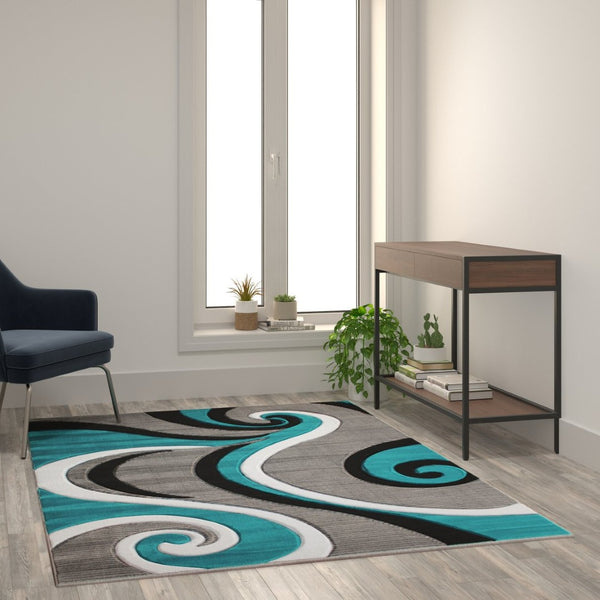 English Elm Athos Collection Abstract Area Rug - Contemporary Olefin Design with Jute Backing for Home Elegance Turquoise 5' x 7' KP-RG952-57-TQ-GG