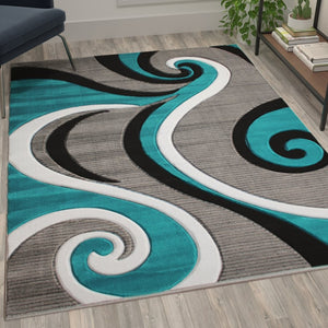 English Elm Athos Collection Abstract Area Rug - Contemporary Olefin Design with Jute Backing for Home Elegance Turquoise 5' x 7' KP-RG952-57-TQ-GG