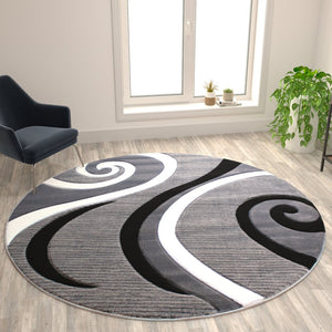 English Elm Athos Collection Abstract Area Rug - Contemporary Olefin Design with Jute Backing for Home Elegance Grey 8' Round KP-RG952-88-GY-GG