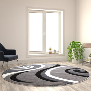 English Elm Athos Collection Abstract Area Rug - Contemporary Olefin Design with Jute Backing for Home Elegance Grey 8' Round KP-RG952-88-GY-GG