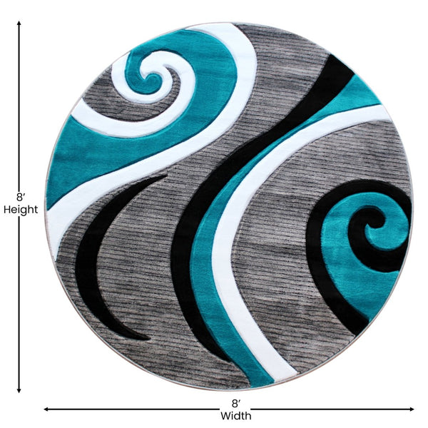 English Elm Athos Collection Abstract Area Rug - Contemporary Olefin Design with Jute Backing for Home Elegance Turquoise 8' Round KP-RG952-88-TQ-GG
