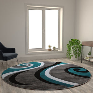 English Elm Athos Collection Abstract Area Rug - Contemporary Olefin Design with Jute Backing for Home Elegance Turquoise 8' Round KP-RG952-88-TQ-GG