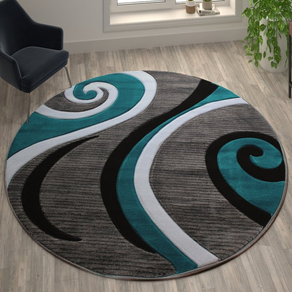 English Elm Athos Collection Abstract Area Rug - Contemporary Olefin Design with Jute Backing for Home Elegance Turquoise 8' Round KP-RG952-88-TQ-GG