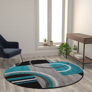 English Elm Audra Collection Modern Geometric Abstract Area Rug - Soft, Stain-Resistant Olefin for High-Traffic Areas Turquoise 5' Round KP-RG953-55-TQ-GG